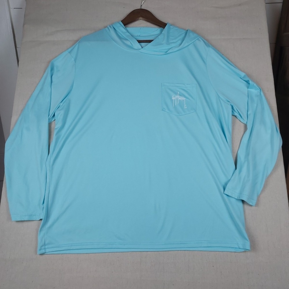 Guy Harvey Mens XXL Blue Hooded Fishing Shirt Long Sleeve Performance